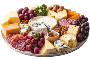 Delicious Cheese and Salami Platter with Grapes and Nuts, Perfect for Entertaining with Transparent Background png