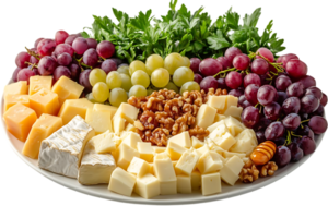Cheese and Grapes Platter with Walnuts and Parsley, a Delicious Appetizer with Transparent Background png