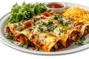 Delicious Cheesy Enchiladas with a Transparent Background, Served with Lettuce, Salsa, and Shredded Cheese png