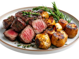 Seared Steak with Crispy Potatoes, Rosemary, and Thyme on a Transparent Background png