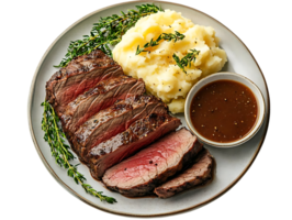 Grilled Steak with Mashed Potatoes and Gravy,  Transparent Background png