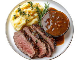 Grilled Beef Roast with Mashed Potatoes and Gravy on a Plate with a Transparent Background png