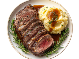 Seared Roast Beef with Creamy Mashed Potatoes and Rosemary Garnish, Featuring a Transparent Background png