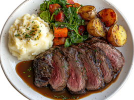 Seared Steak with Mashed Potatoes, Roasted Vegetables, and Gravy on a Transparent Background png