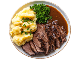 Delicious Slow-Cooked Beef Brisket with Creamy Mashed Potatoes, Gravy, and a Garnish of Parsley on a White Plate, Transparent Background png