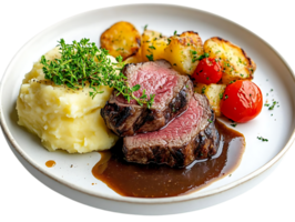 Seared Steak with Mashed Potatoes, Roasted Potatoes, and Tomatoes on a Transparent Background png