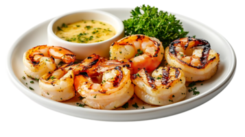 Grilled Shrimp with Lemon Butter Sauce on a White Plate with Parsley Garnish and Transparent Background png