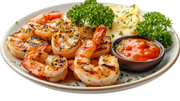 Grilled Shrimp with Mashed Potatoes and Spicy Sauce, a Delicious and Easy Dinner Idea with Transparent Background png