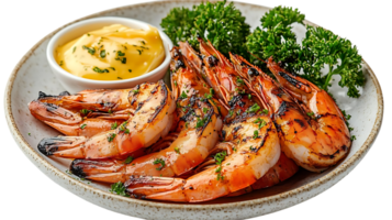 Grilled Shrimp with Lemon Butter Sauce and Parsley on a Transparent Background png