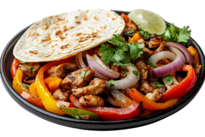 Delicious Chicken Fajitas with Peppers, Onions, and Cilantro with a Warm Tortilla, Served on a Black Plate with a Transparent Background png