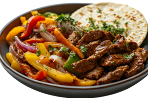 Grilled Steak with Peppers, Onions, and Cilantro in a Bowl with a Tortilla, Transparent Background png