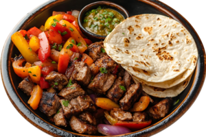 Grilled Steak Fajitas with Peppers, Onions, and Tortillas with a Side of Salsa Verde - Perfect for a Quick and Easy Meal png