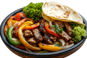 Delicious Steak Fajitas with Bell Peppers, Onions, and a Soft Tortilla, Served on a Black Plate with a Transparent Background png