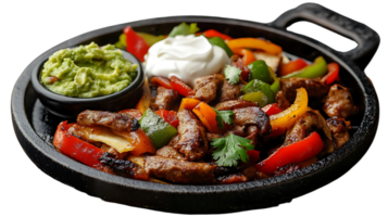 Sizzling Steak Fajitas with Bell Peppers, Onions, and Guacamole, Served on a Black Cast Iron Skillet with a Transparent Background png