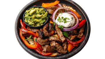 Delicious Steak Fajitas with Guacamole and Sour Cream, A Flavorful Fiesta in Every Bite, Transparent Background png