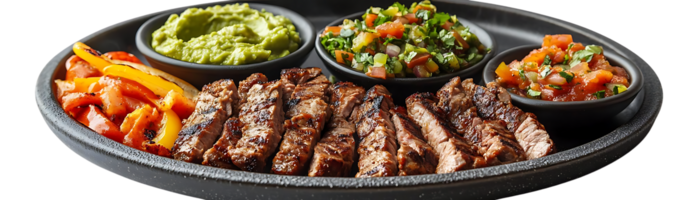 Grilled Steak with Guacamole, Salsa, and Peppers with a Transparent Background png