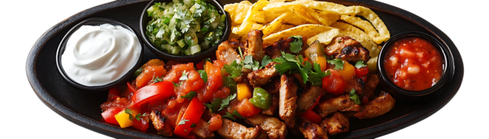 Grilled Chicken Fajitas Served with Cilantro Lime Rice, Pico de Gallo, and Sour Cream on a Black Plate with a Transparent Background png