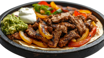 Grilled Steak Fajitas with Peppers, Onions, Guacamole and Sour Cream on a Tortilla, Transparent Background png