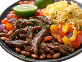 Sizzling Steak Fajitas with Peppers, Onions, and Rice, Served with a Side of Beans, Lime, and a Transparent Background png