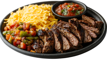 Grilled Steak with Salsa, Peppers, Onions, and Cheese on a Transparent Background png