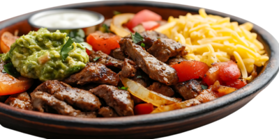 Sizzling Steak Fajitas with Guacamole, Onions, Tomatoes, and Shredded Cheese on a Transparent Background png