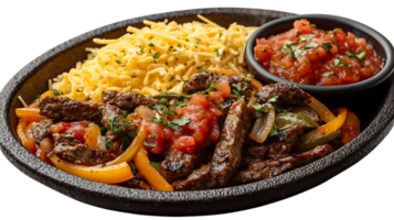 Sizzling Steak Fajitas with Bell Peppers, Onions, and Salsa - A Delicious Meal with a Transparent Background png