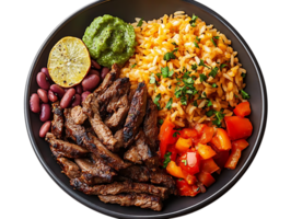 Grilled Steak, Rice, and Peppers with Guacamole and a Slice of Lime,  A Delicious Mexican-Inspired Dish with a Transparent Background png