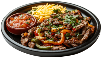 Sizzling Beef Fajitas with Bell Peppers, Onions, and Salsa on a Black Plate with a Transparent Background png