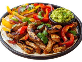 Grilled Chicken Fajitas with Peppers, Onions, and Guacamole on a Transparent Background png