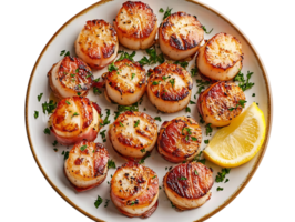 Seared Scallops Wrapped in Bacon with Lemon on a White Plate, Transparent Background png