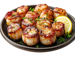 Pan-Seared Bacon-Wrapped Scallops on a Plate with Lemon Wedge and Parsley, Delicious Gourmet Seafood Appetizer with a Transparent Background png