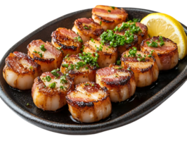 Seared Scallops Wrapped in Bacon with a Lemon Wedge and Chives on a Black Plate, Transparent Background png