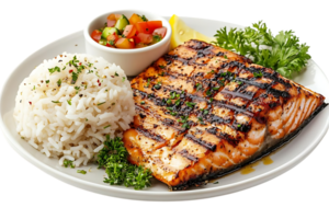 Grilled Salmon with Rice and Salsa, Delicious Dinner Option with a Transparent Background png