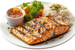 Grilled Salmon with Rice and Salad, a Delicious and Healthy Meal with a Transparent Background png