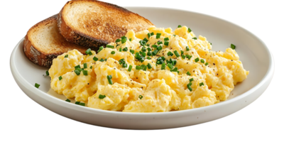 Fluffy Scrambled Eggs with Toasted Bread and Chives, a Delicious and Easy Breakfast Option with a Transparent Background. png