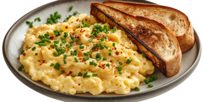 Scrumptious Scrambled Eggs with Crispy Toast, a Delightful Breakfast with a Transparent Background png