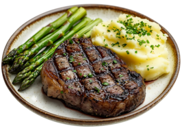 Grilled Steak with Mashed Potatoes and Asparagus, a Delicious and Hearty Meal with a Transparent Background png