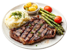 Grilled Steak with Mashed Potatoes, Asparagus, and Tomatoes on a Transparent Background png