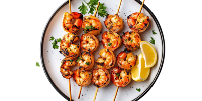 Grilled Shrimp Skewers with Lemon Slices on a Plate with a Transparent Background png