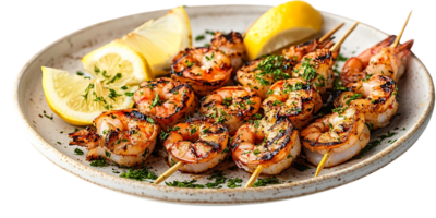 Grilled Shrimp Skewers with Lemon Slices and Parsley on a White Plate with Transparent Background png