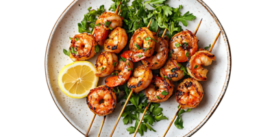 Grilled Shrimp Skewers with Lemon and Parsley, Delicious Summer Dinner Recipe with a Transparent Background png