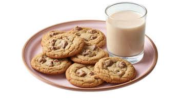 Delicious Chocolate Chip Cookies with a Glass of Milk on a Pink Plate with a Transparent Background png