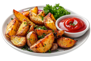 Crispy Baked Potato Wedges with Parsley and Ketchup on a Transparent Background png