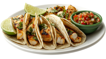 Grilled Fish Tacos with Pico de Gallo and Lime Wedges, Served on a White Plate with a Transparent Background png