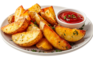 Crispy Baked Potato Wedges with Ketchup, A Delicious Side Dish with a Transparent Background png