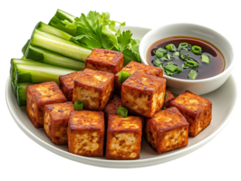 Crispy Fried Tofu with Cucumber and Soy Sauce on a Transparent Background png