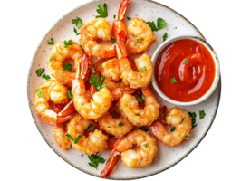 Crispy Fried Shrimp with Spicy Sauce on a White Plate,  Transparent Background png