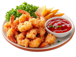 Crispy Fried Shrimp with Lemon, Fries, and Ketchup, Delicious Food with Transparent Background png