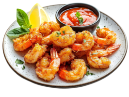 Crispy Fried Shrimp with Spicy Sauce and Lemon Wedge on a White Plate with a Transparent Background png