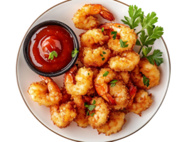 Crispy Fried Shrimp with Spicy Sauce and Parsley on a Transparent Background png
